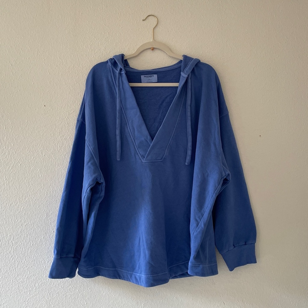 Old Navy Vneck Hoodie French Terry Sweatshirt Tunic Length Blue